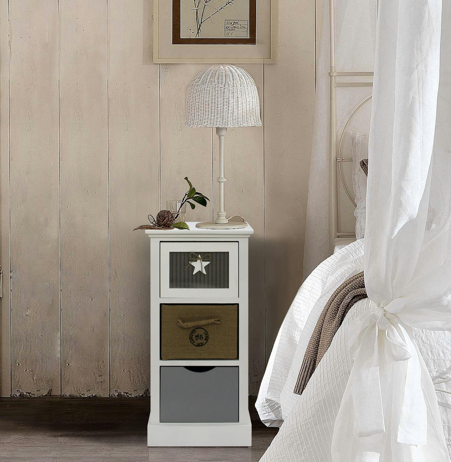 - Table de chevet avec 3 tiroirs en MDF et tissu blanc brun et gris