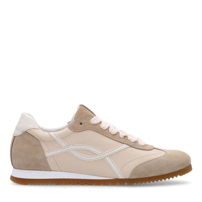 Manfield Witte crème leren sneakers met beige su&eacute;de details