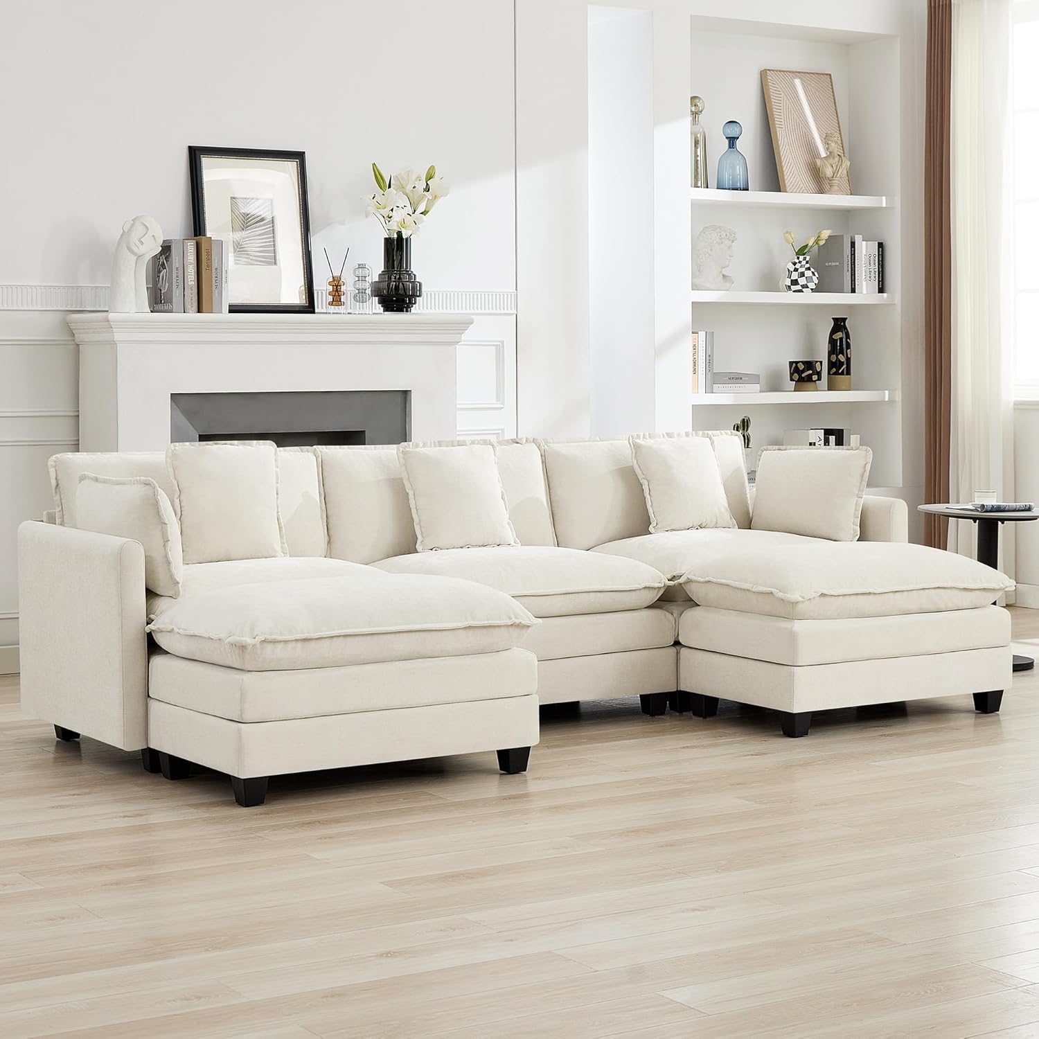 111'' Sectional Cloud Deep Seat Couch, Oversized Chenille U Shaped Sectional Sofa for Living Room Set, Comfy Upholstered Modular 5-Seats Sectional Sofa Couch with 2 Movable Ottoman, Beige