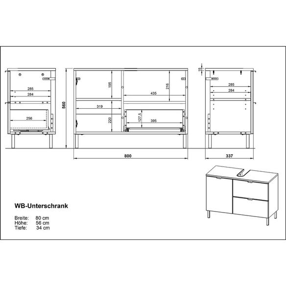 Waschbeckenunterschrank BxHxT: 80 x 56 x 34 cm, graphit/weiß Hochglanz