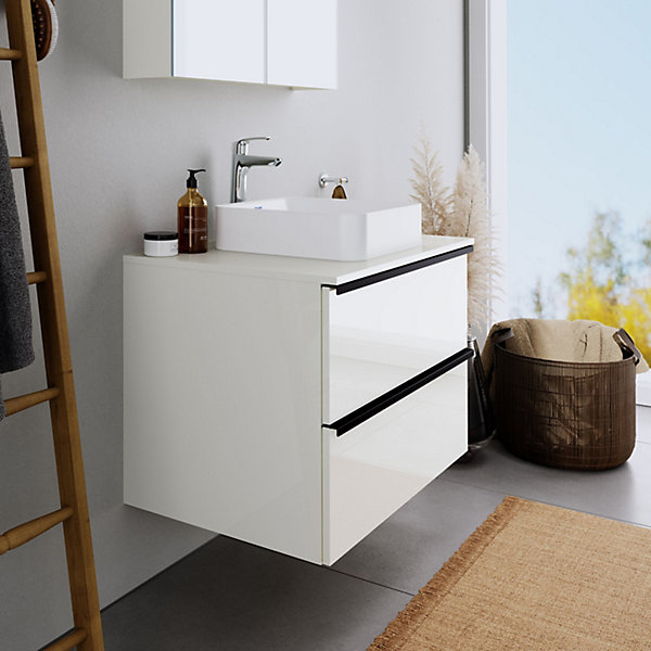 Meuble mural suspendu MDF salle de bain sous-vasque avec 2 tiroirs pour salle de bain, 80x57,3x55cm, Blanc brillant, DURAPOINT