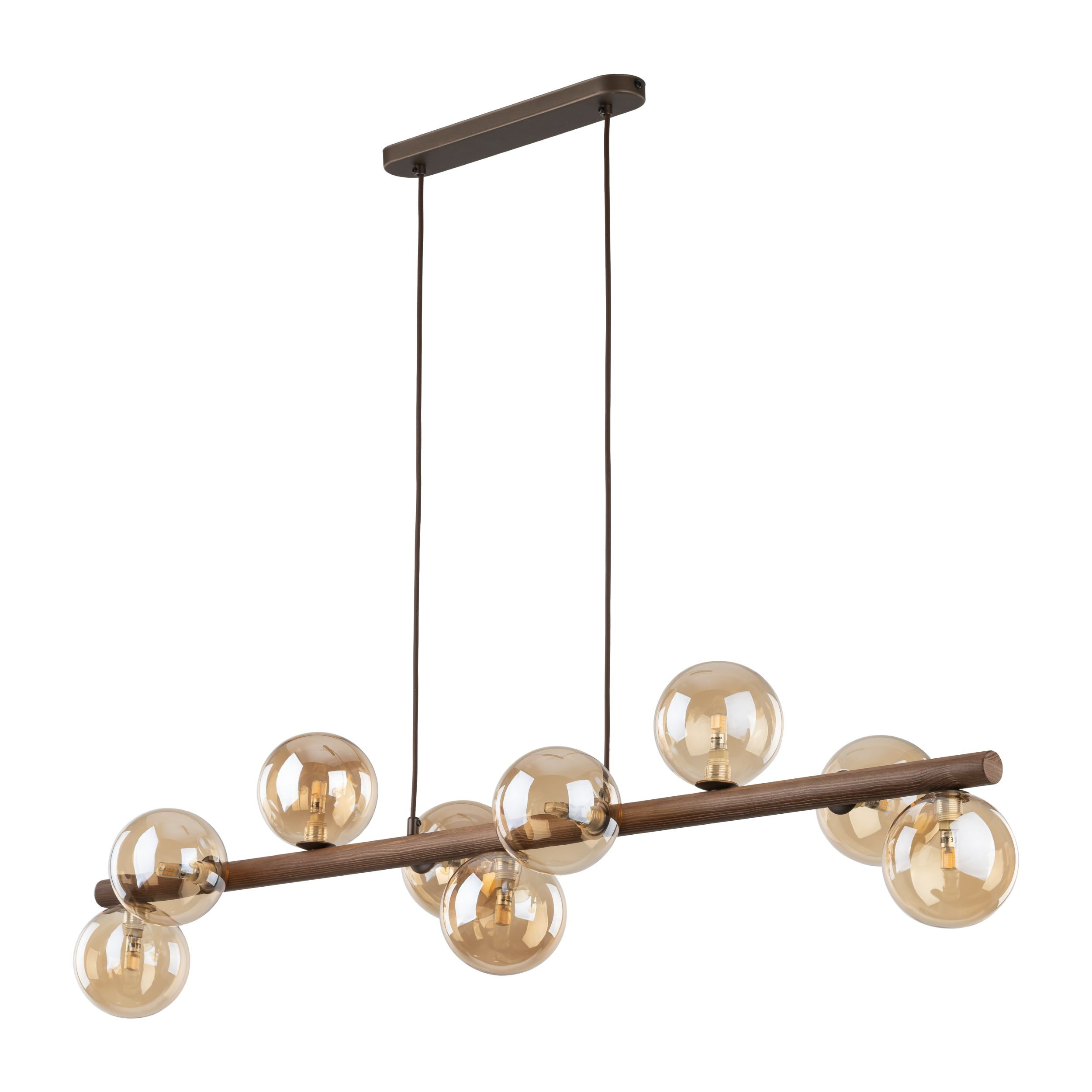 Lampa Wisząca Tk Lighting Estera Drewniana Belka Bursztynowe Klosze Kule
