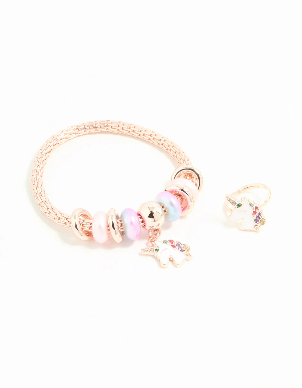 Kids Rose Gold Unicorn Stretch Bracelet & Ring Set