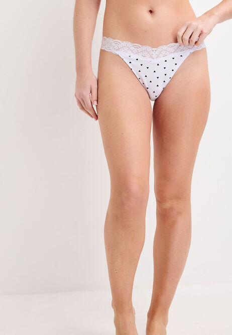 Womens 3pk Black Heart Print Lace Trim Thongs