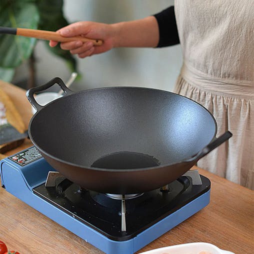 SOGA 2X 32cm Commercial Cast Iron Wok FryPan with Wooden Lid Fry Pan