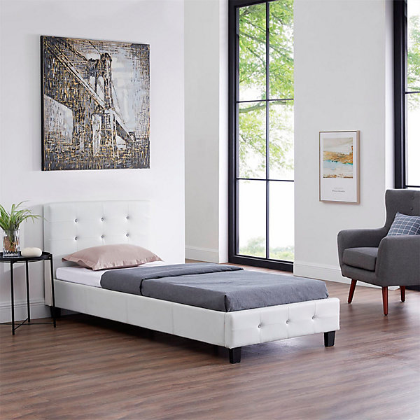 Lit simple TICO, 90 x 190 cm, capitonné avec sommier, revêtement synthétique blanc