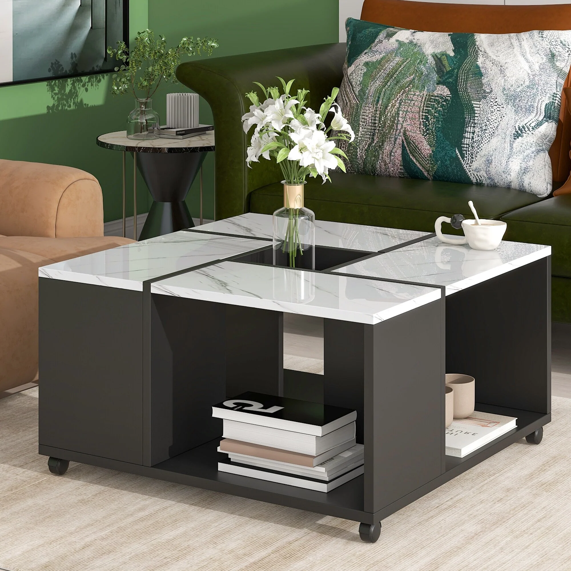 On-Trend Modern 2-Layer Coffee Table with Casters - 31.40 x 31.40 x 16.90