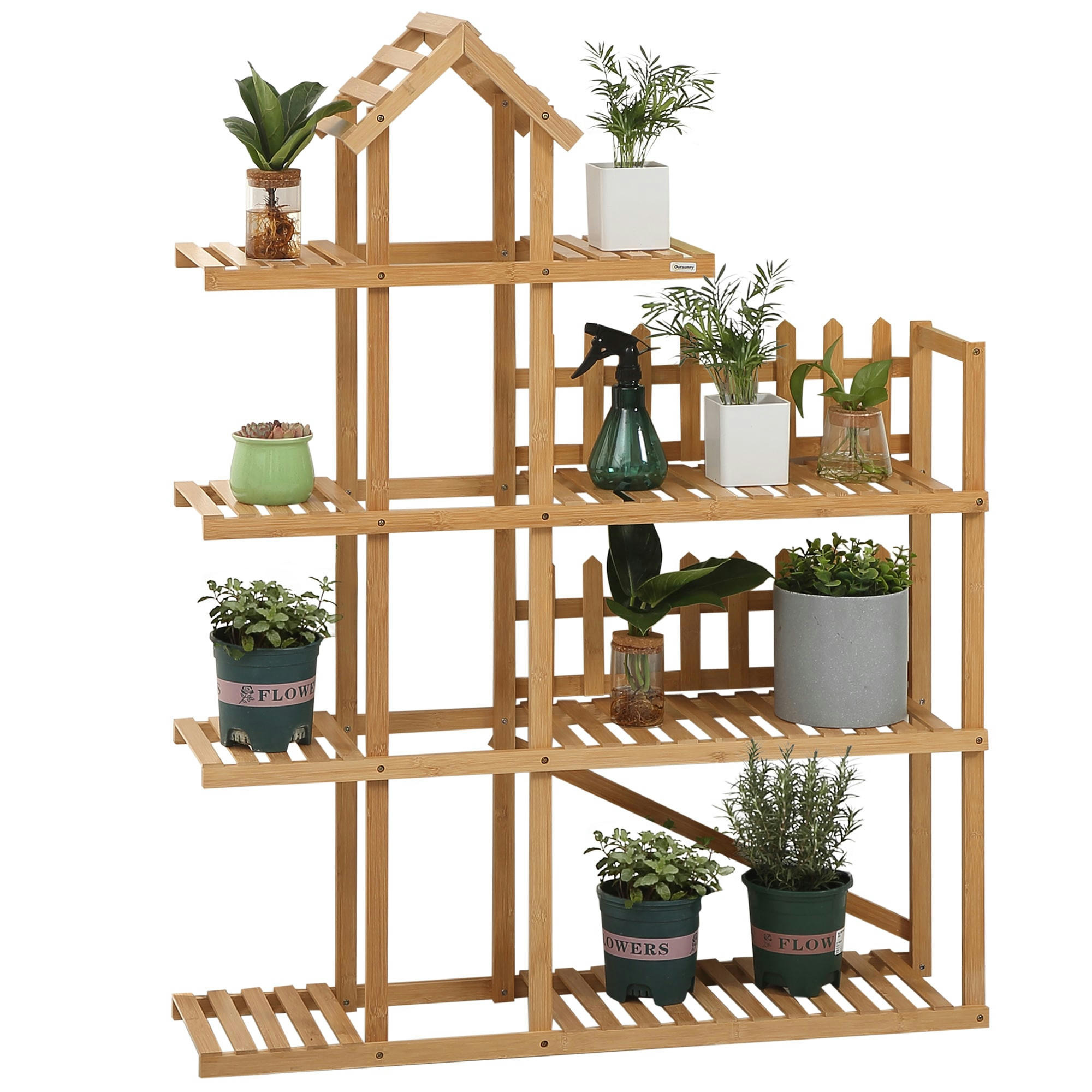 - Étagère à fleurs 8 tablettes petites barrières toit bois bambou
