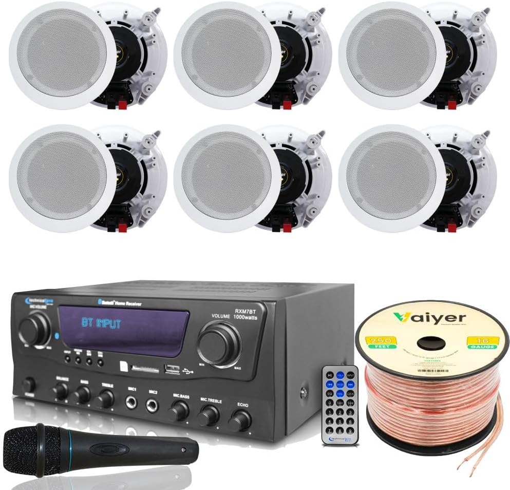 Home Theater System Kit 1000 Watts Bluetooth Receiver w/ 6 Qty 5.25 175 Watts Each in-Wall in-Ceiling Speakers & 16 Gauge 250 ft. Speaker Wire Portable Microphone w/Remote Control by Technical Pro
