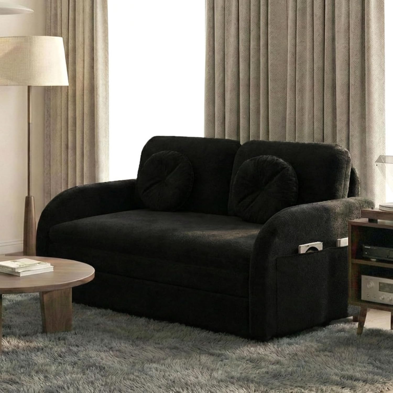 3-in-1 Sleeper Sofa Loveseat with Pull-Out Bed, Chenille Convertible Couch with Double-Layer Cushions, USB Ports & Storage Pockets for Living Room and Apartment (Black, 52.4) | Convertible Sleeper