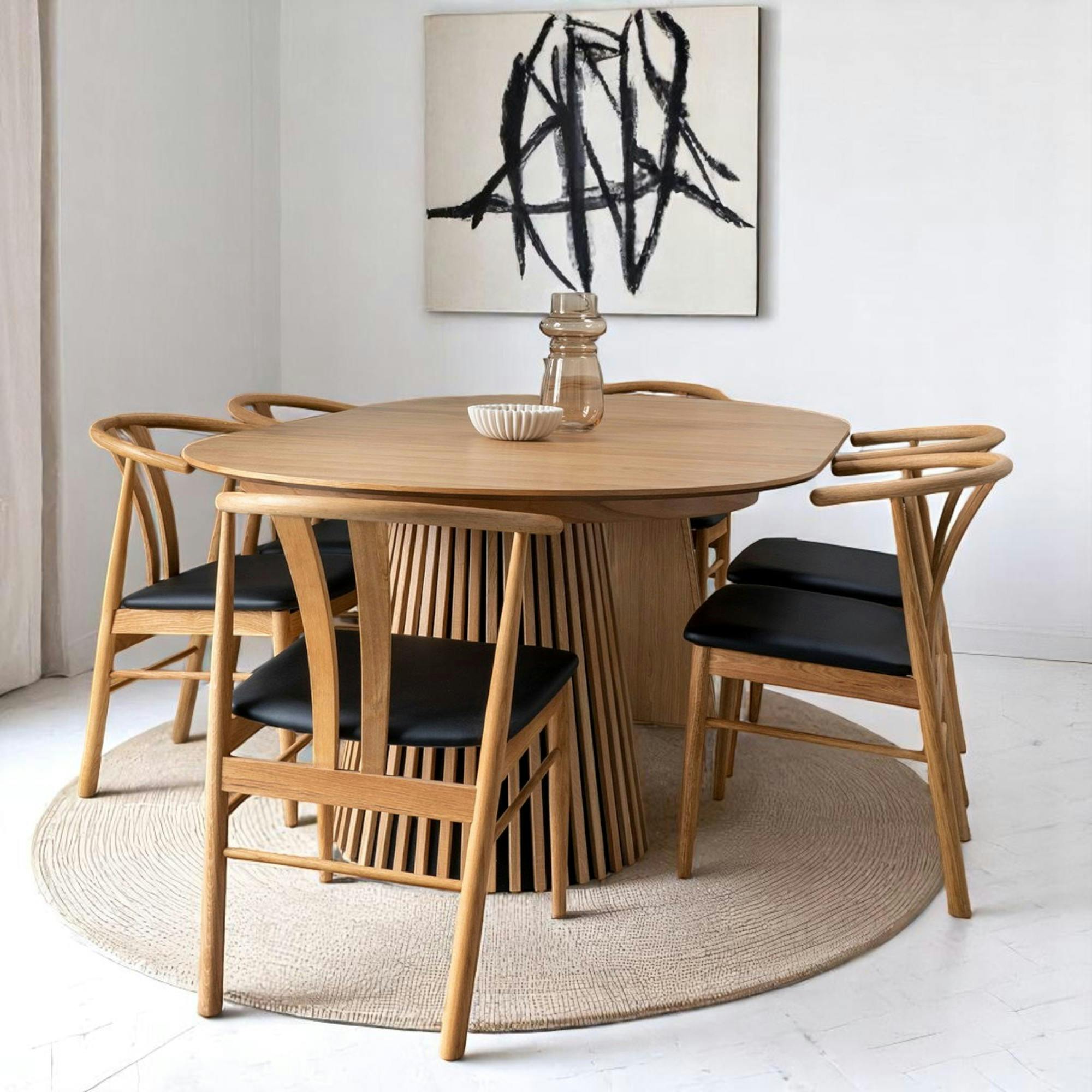 Table ronde extensible en chêne clair avec piètement baguette (2 rallonges incluses) ø120 cm / 160 cm / 200 cm AMSTERDAM