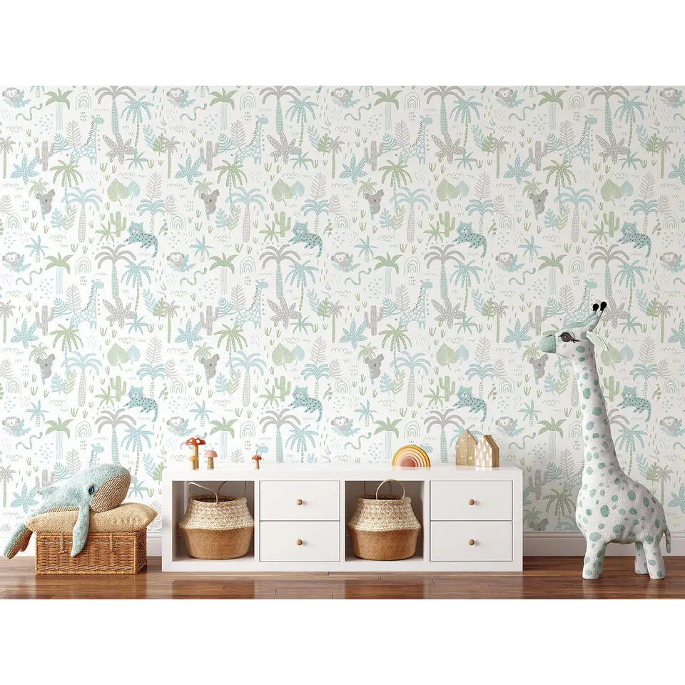 Sanders & Sanders behang jungle dieren groen, blauw en grijs - 53 cm x 10 m