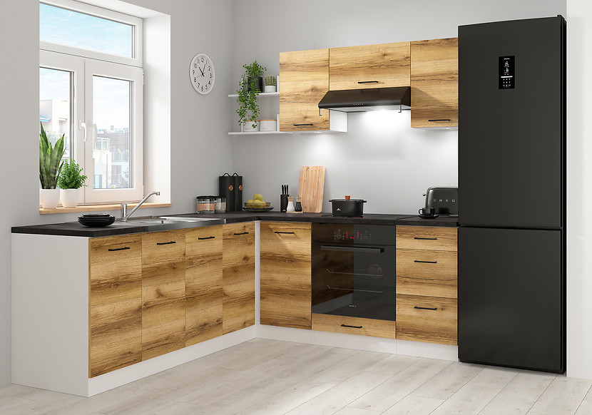 Komplet kuchenny narożny Junona Line 200x220 dąb delano jasny z blatem