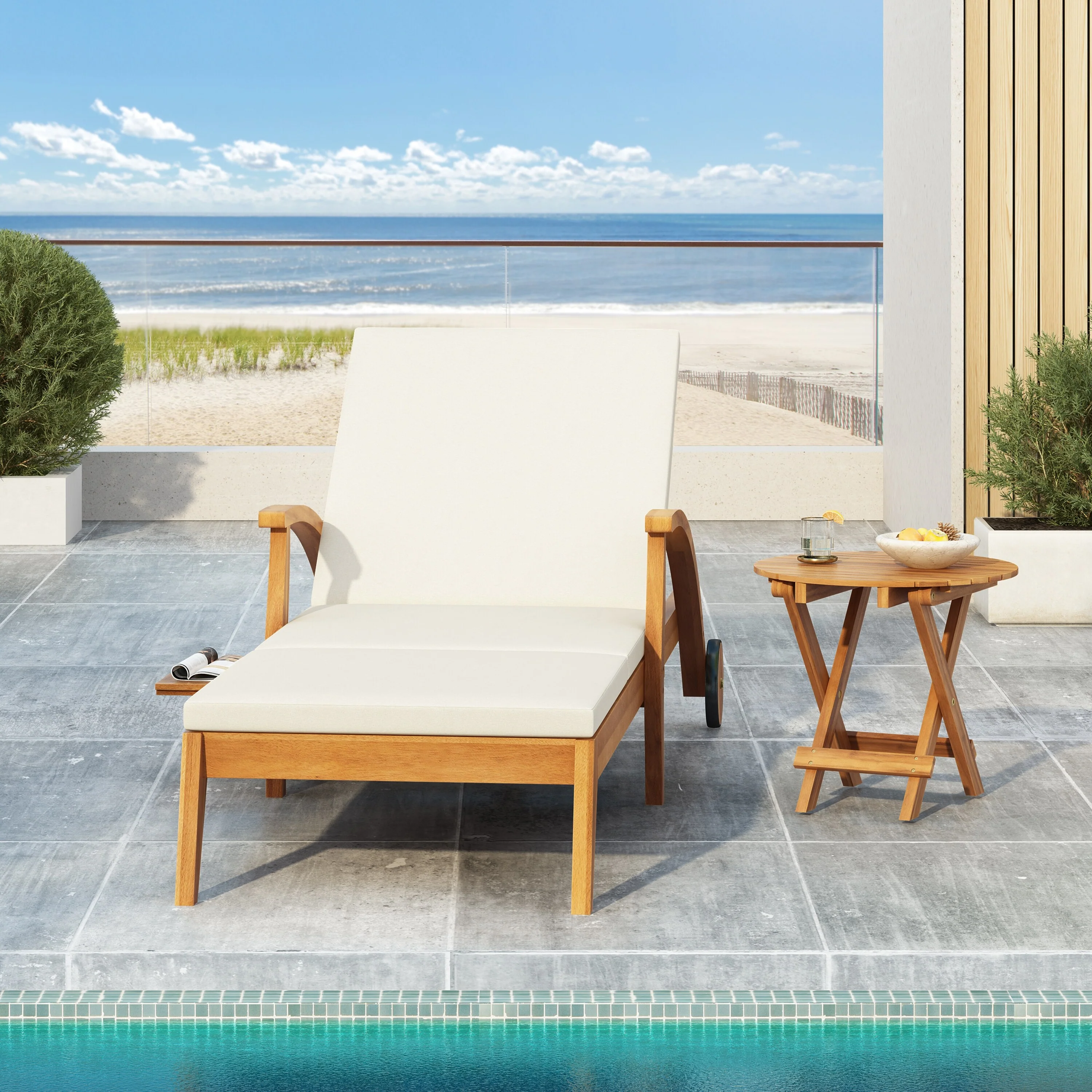 Roomfitters Outdoor Chaise Lounge with Wheels, Acacia Wood Recliner, 4-Position Backrest, Cushion Included, Cream