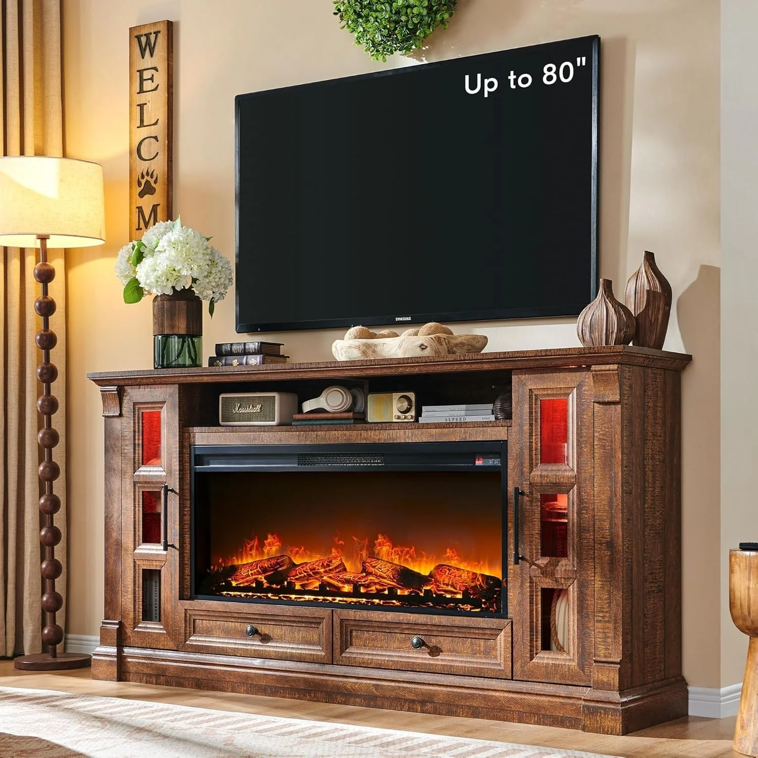 Farmhouse Fireplace TV Stand for up-to-80 TV, Entertainment Center