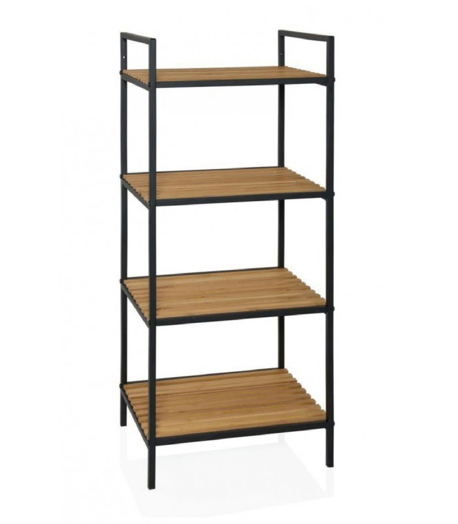 BAMBOU - Étagère salle de bain métal noir et 4 étagères en bambou
