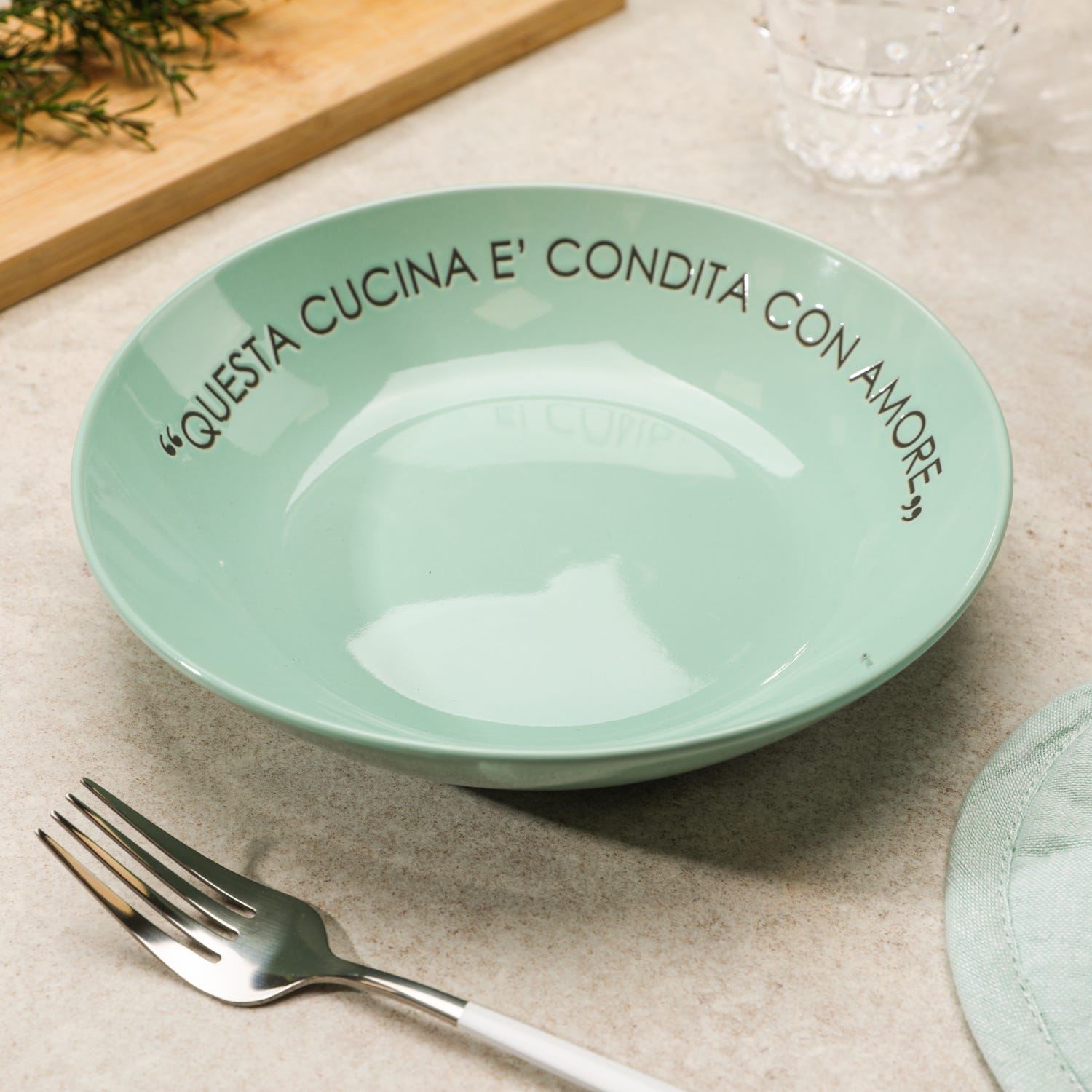 Piatto fondo salvia con scritta 20 cm in stoneware
