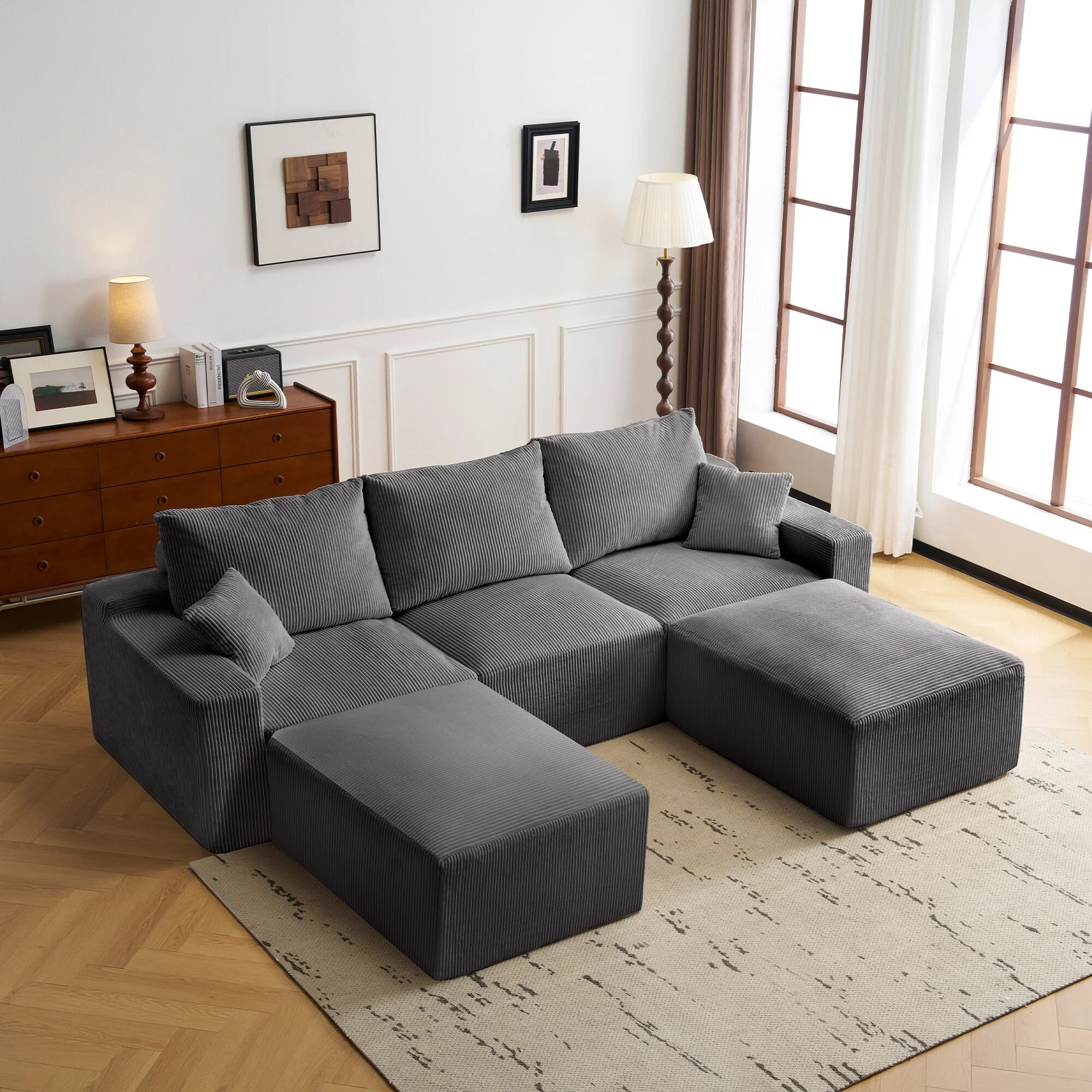 110 L-Shaped Modular Sectional Sofa 3-Seater Corduroy Couch with 2 Ottoman and 2 Pillows