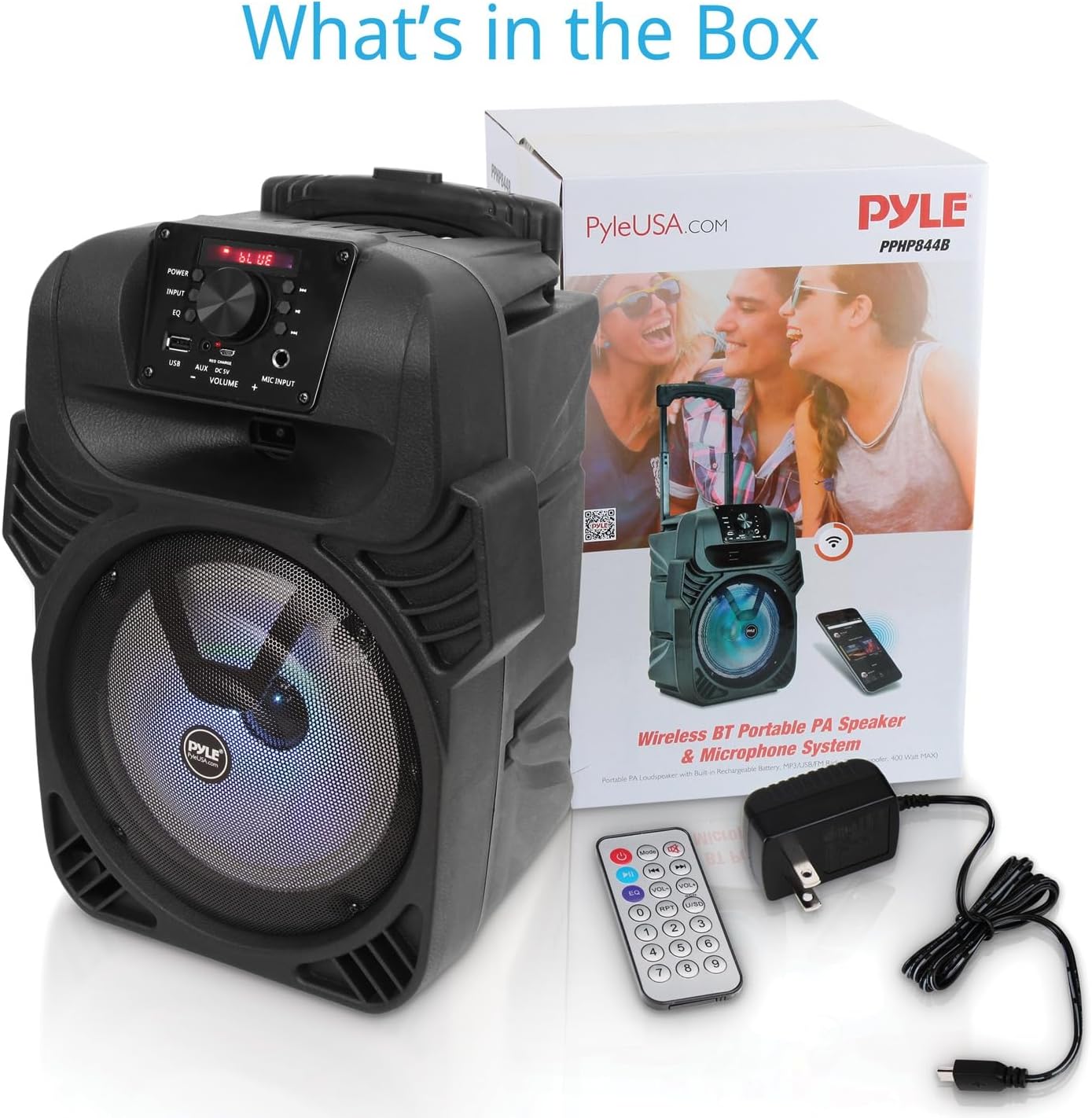 Pyle 8 Portable Bluetooth PA Speaker - 500W Rechargeable Indoor/Outdoor Karaoke Machine Sound System - Multi-Color LED Party Lights, Mic Input, FM Radio, MP3/USB & Remote Control (Black)