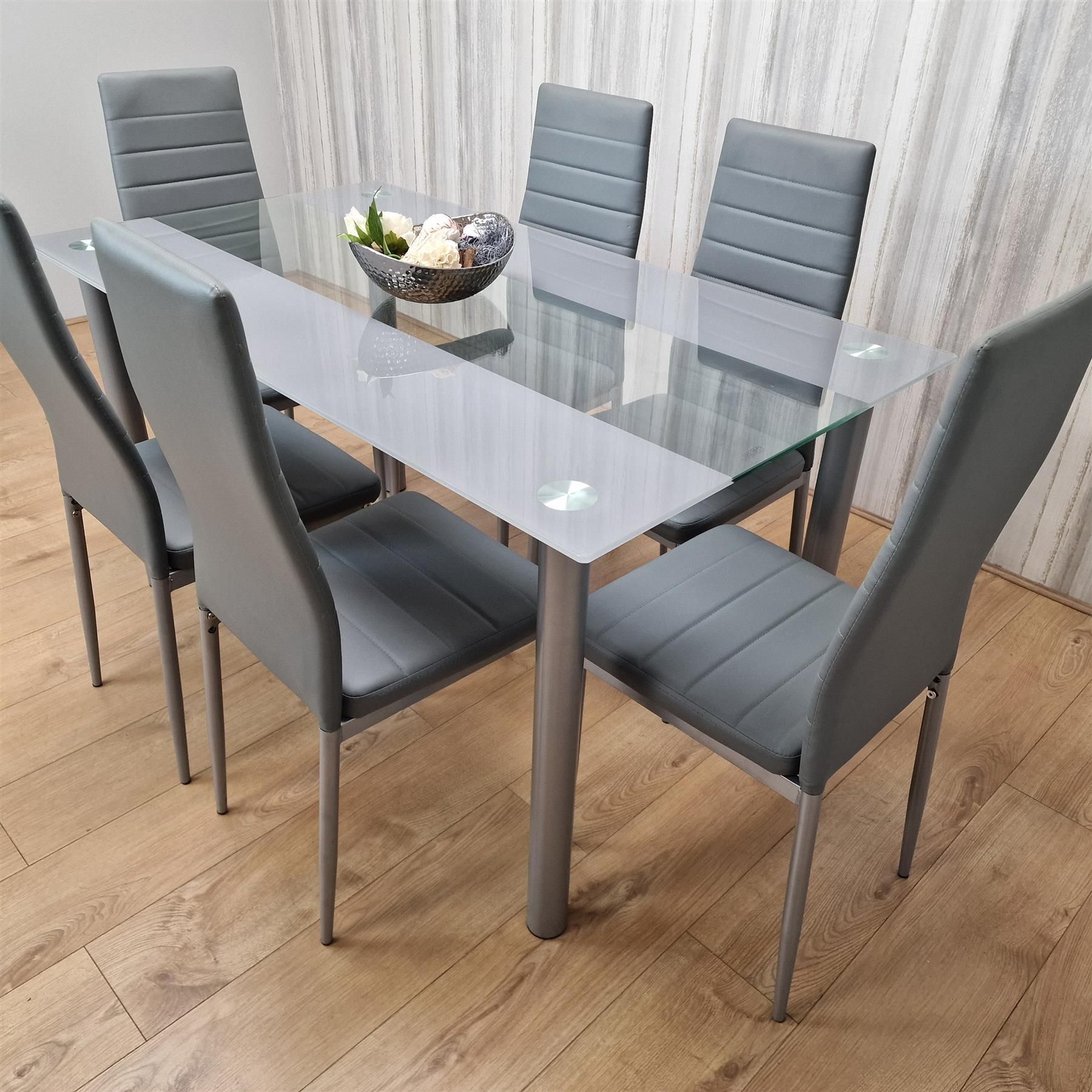 KOSY KOALA Dining Table and 6 Chairs Modern Grey Glass Table With 6 Grey Velvet Chairs Dining Room Furniture