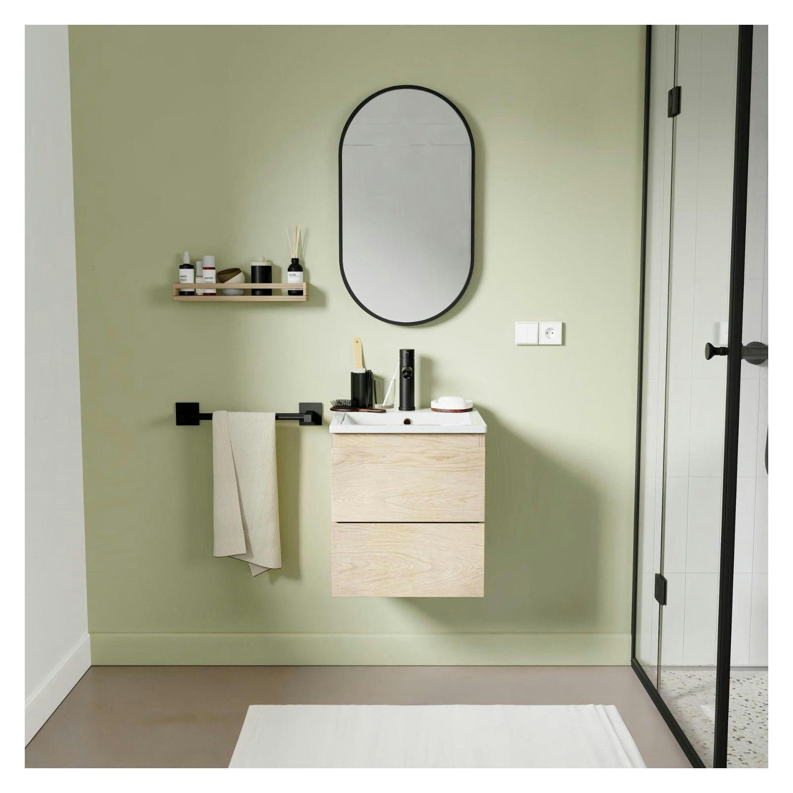 SORRENTO - Meuble simple vasque 45cm décor chêne  + vasque + robinet noir +miroir