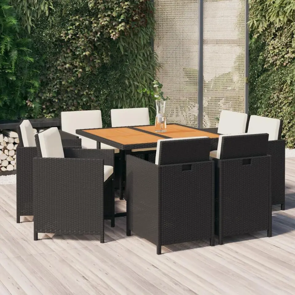 vidaXL - 9-delige Tuinset wit kussens - Zwart poly rattan en hout - 109x107 cm