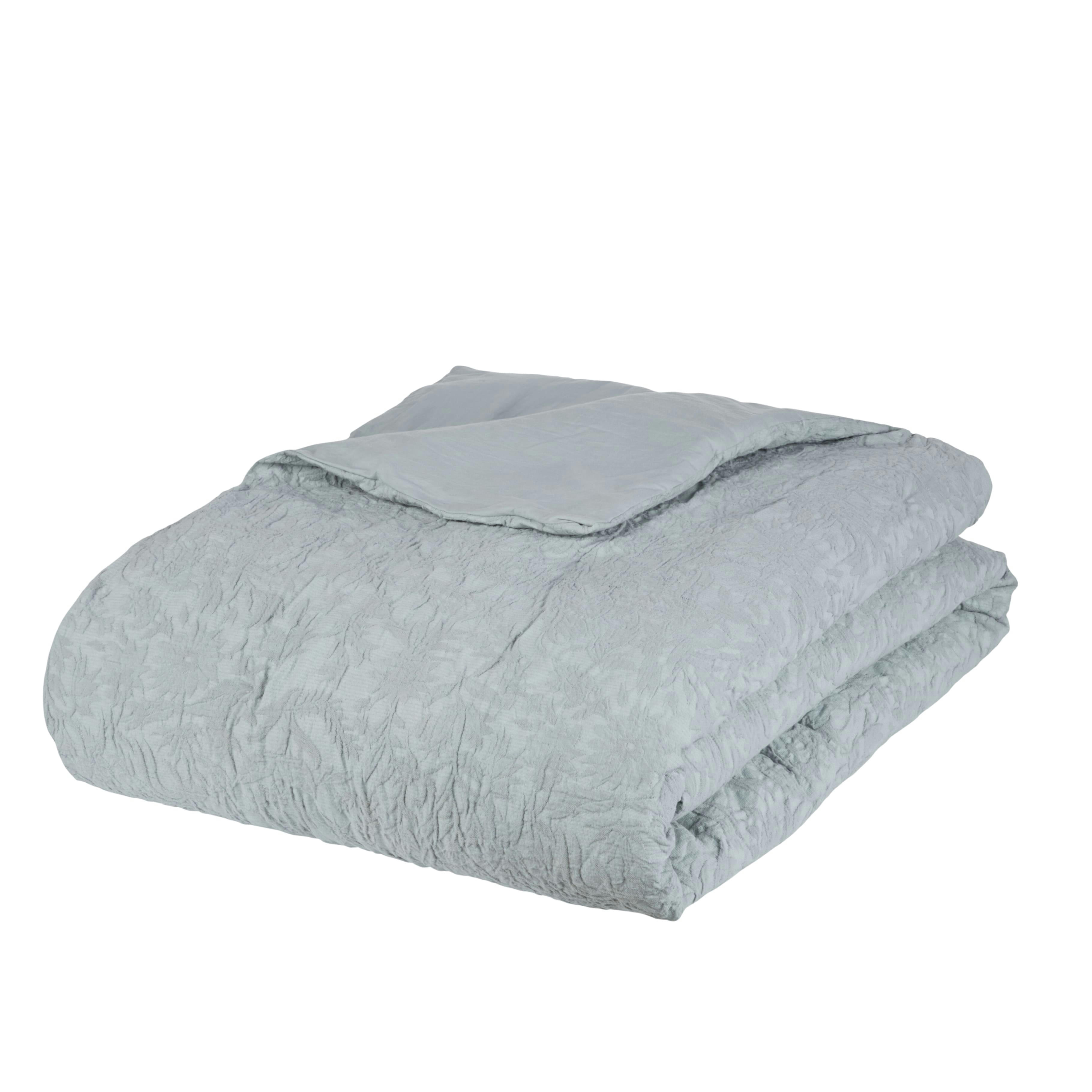 BELDA - Boutis en coton tissé jacquard motif feuillage en relief bleu glacier 260x240