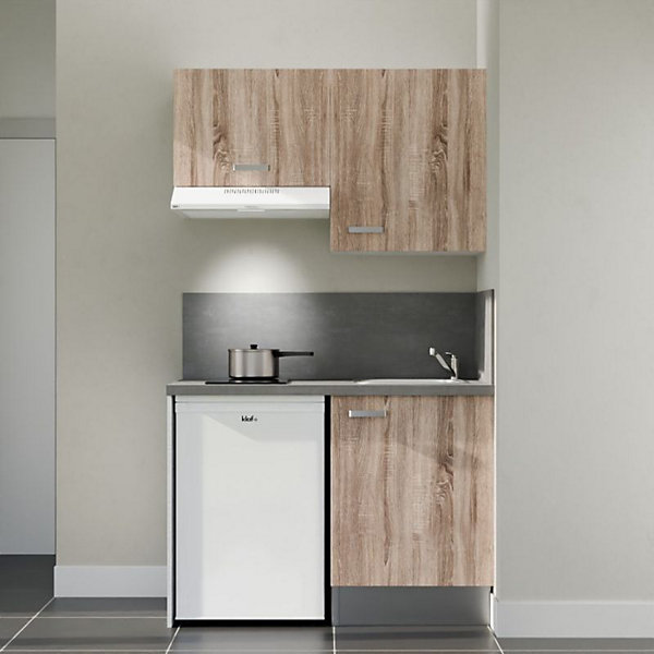 Kitchenette K01 - 120 cm - Façades : Bois - Plan de travail : Gris béton - Crédences : Oui - Evier Inox