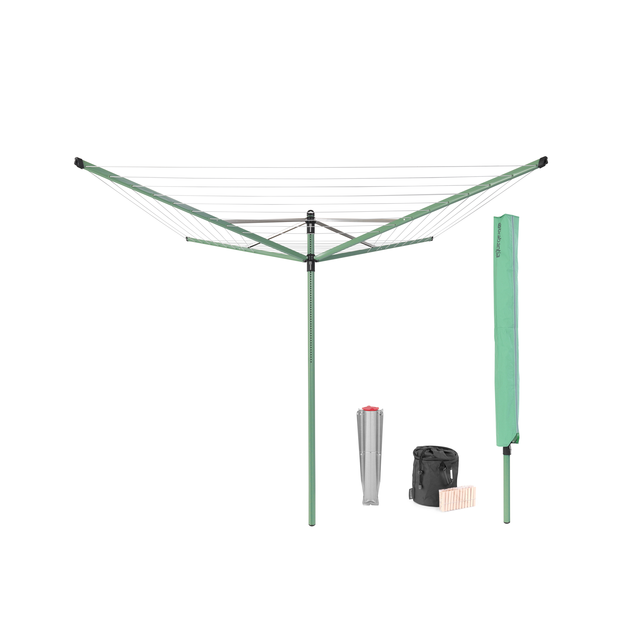 Brabantia Droogmolen Lift-O-Matic, 50 meter met metalen grondanker, doorsnede 45 mm, beschermhoes, wasknijpertasje en wasknijpers - Leaf Green