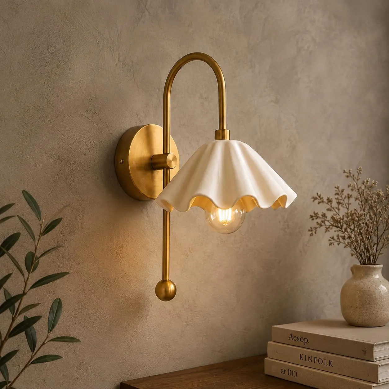 Handcrafted Brass Ruffle Wall Sconce, Cream Scalloped Shade, Mid-Century Modern Lighting