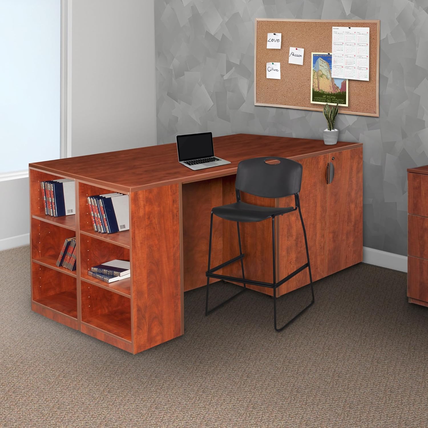 Regency Legacy Stand Up Desk/ 3 Storage Cabinet Quad with Bookcase End- Cherry