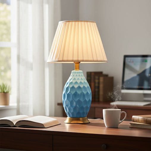SOGA Textured Ceramic Oval Table Lamp with Gold Metal Base Blue
