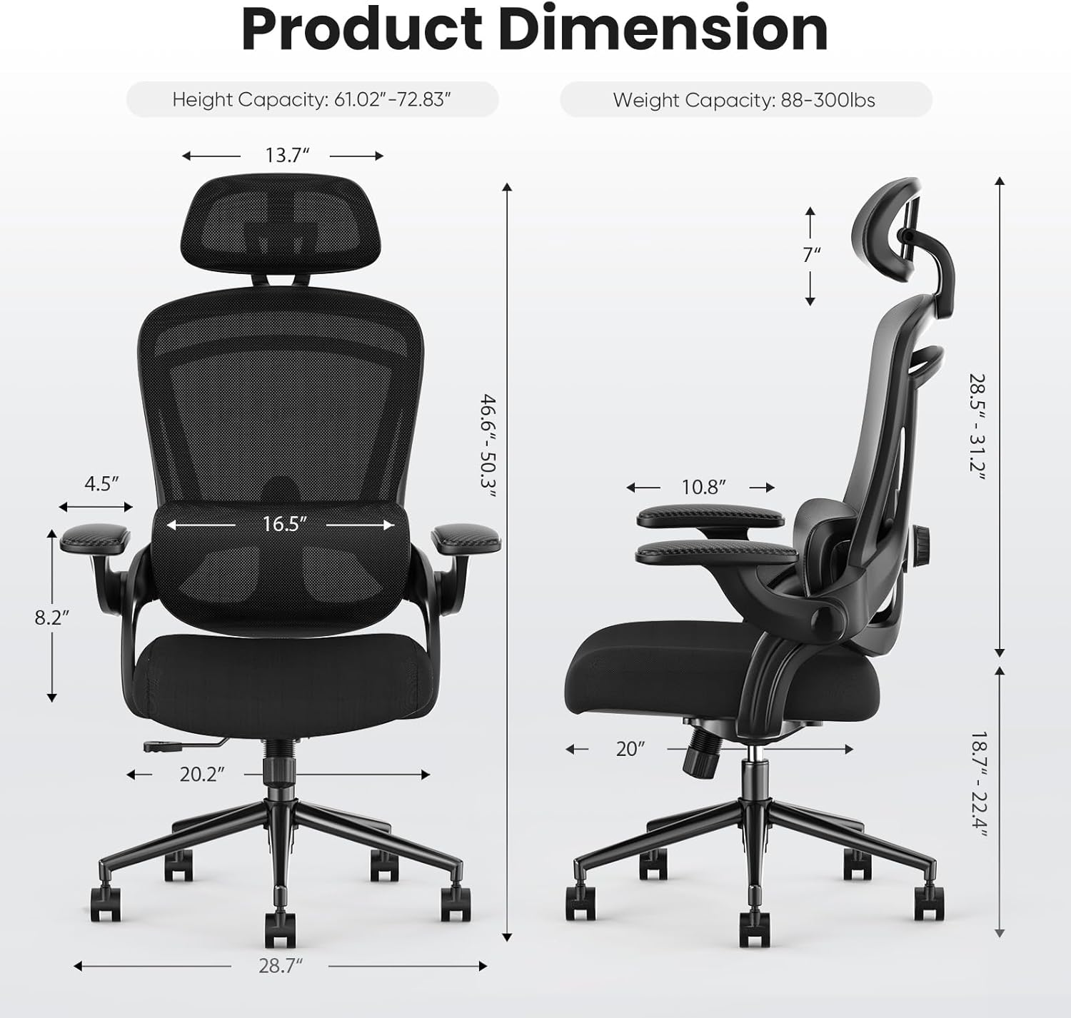 Sweetcrispy Office Chair Ergonomic Desk Chair, 300 LBS Home Mesh Office Desk Chairs with Wheels, 2D Headrest, Up&Down Lumbar Support, Swivel High Back Computer Chair with Flip-up Armrests,Dark Black