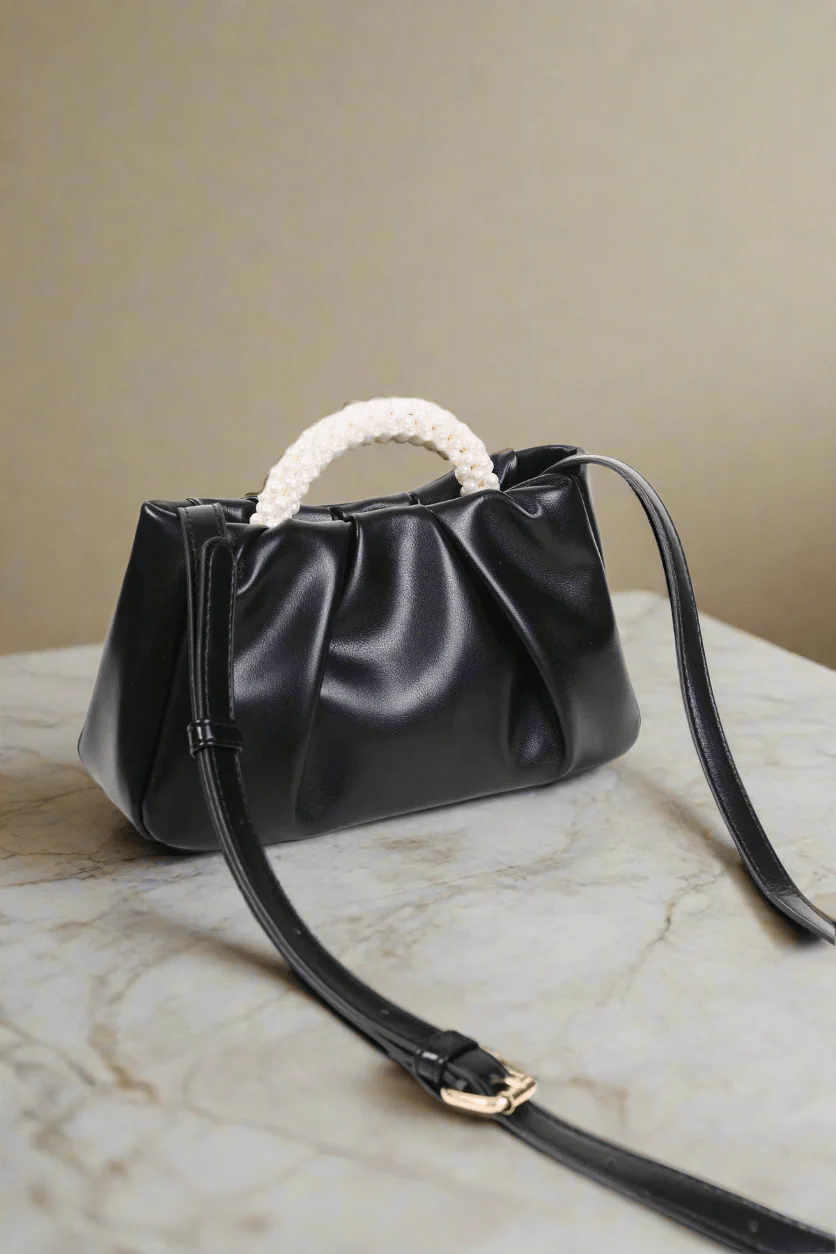 Black Pleated Pearl Evening Bag