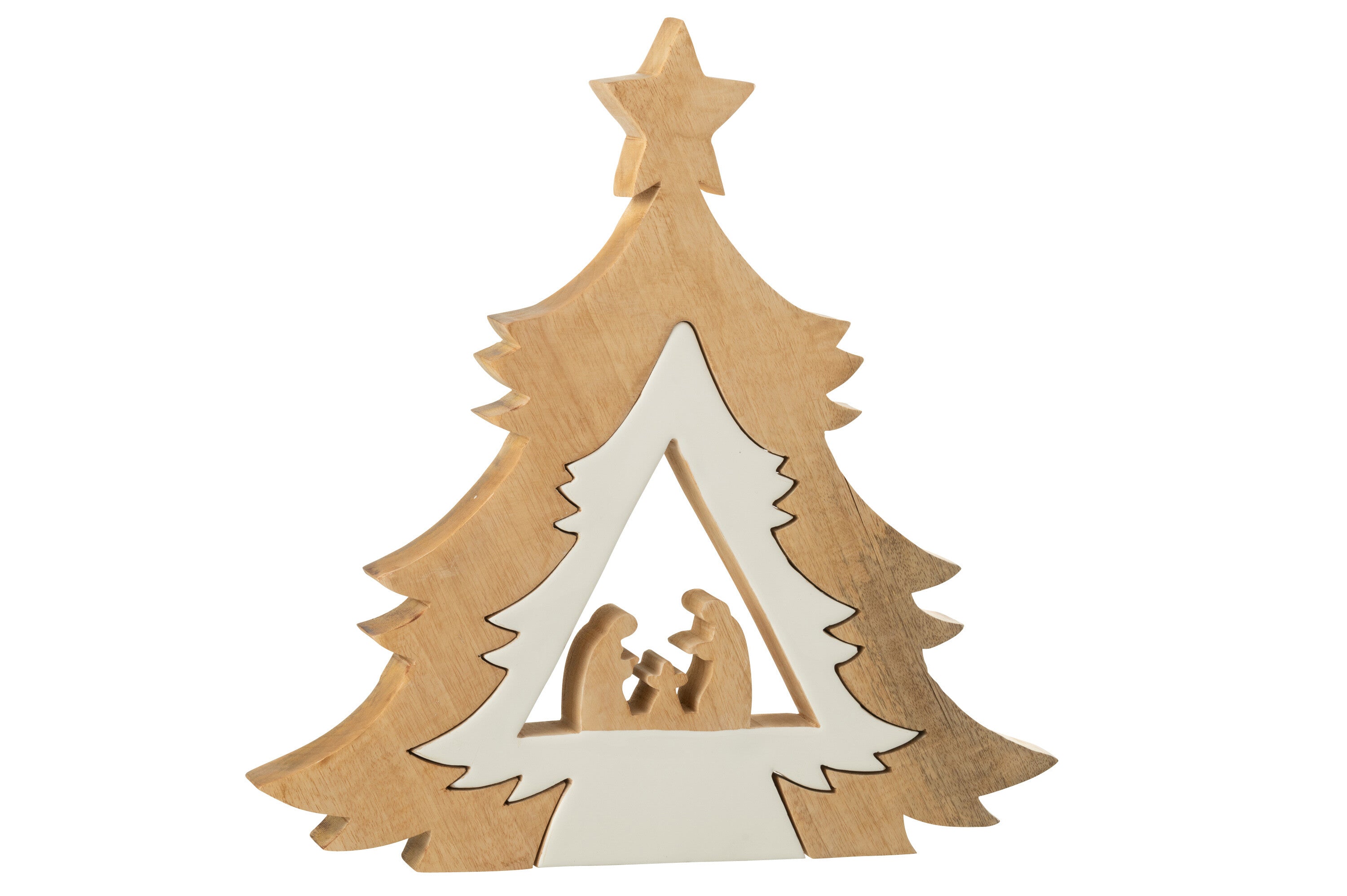 J-Line decoratie Kerststal In Boom   Ster - hout - wit/naturel