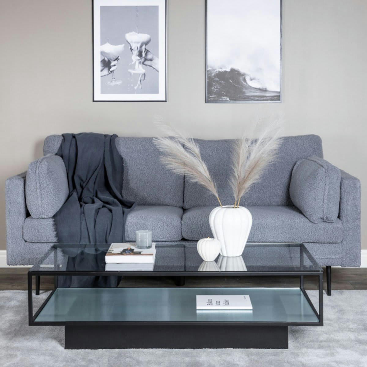 LINCOLN - Canapé droit 2 places en tissu bouclé doux gris foncé