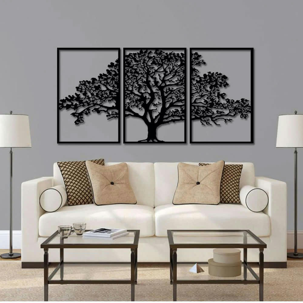 - Décoration murale triptyque arbre de vie en métal noir 126x60 cm