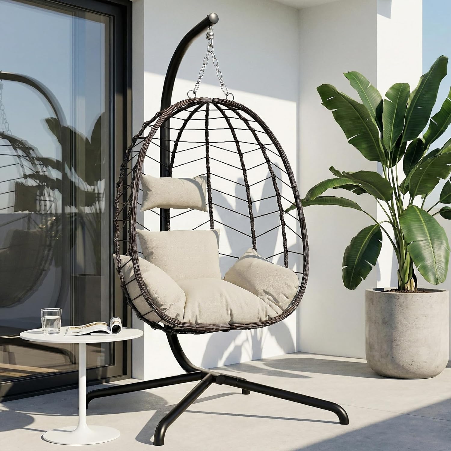 LEX CRAFT Hanging Egg Chair with Stand, Swinging Egg Chair Outdoor Indoor, Hanging Basket Chair with Cushion, Patio Wicker Hammock Chair 350lbs Capacity for Porch, Balcony, Backyard, Garden (Beige1)