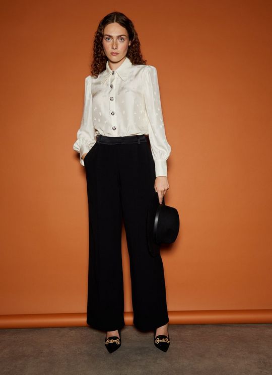 Kelsey Black Crepe and Satin Trim Wide Leg Trousers