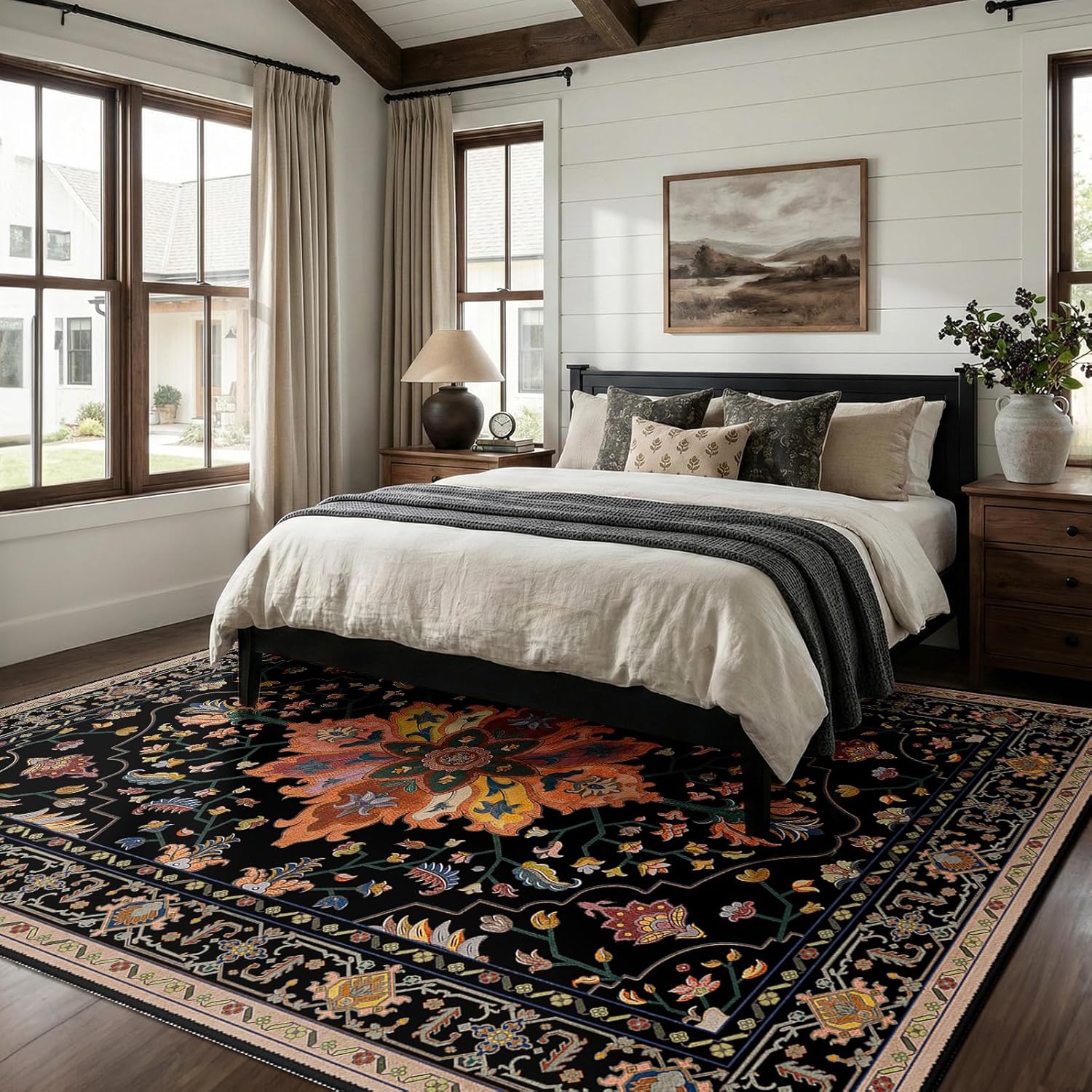 RELEANY Area Rugs 9'x12' Washable Non-Slip, Floral Vintage Distress Print Pattern Medallion Carpet for Living Room Bedroom Dining Room, Black Colorful Floral Dark Tan