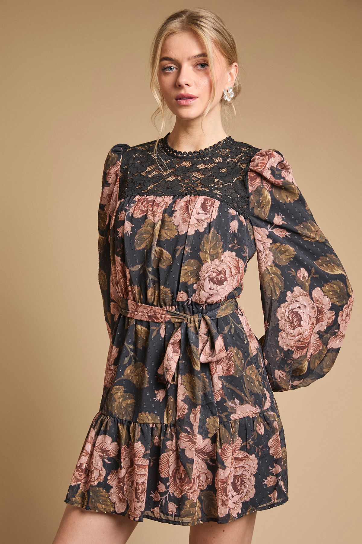 Oasis Petite Lace Front Belted Waist Long Sleeve Mini Dress
