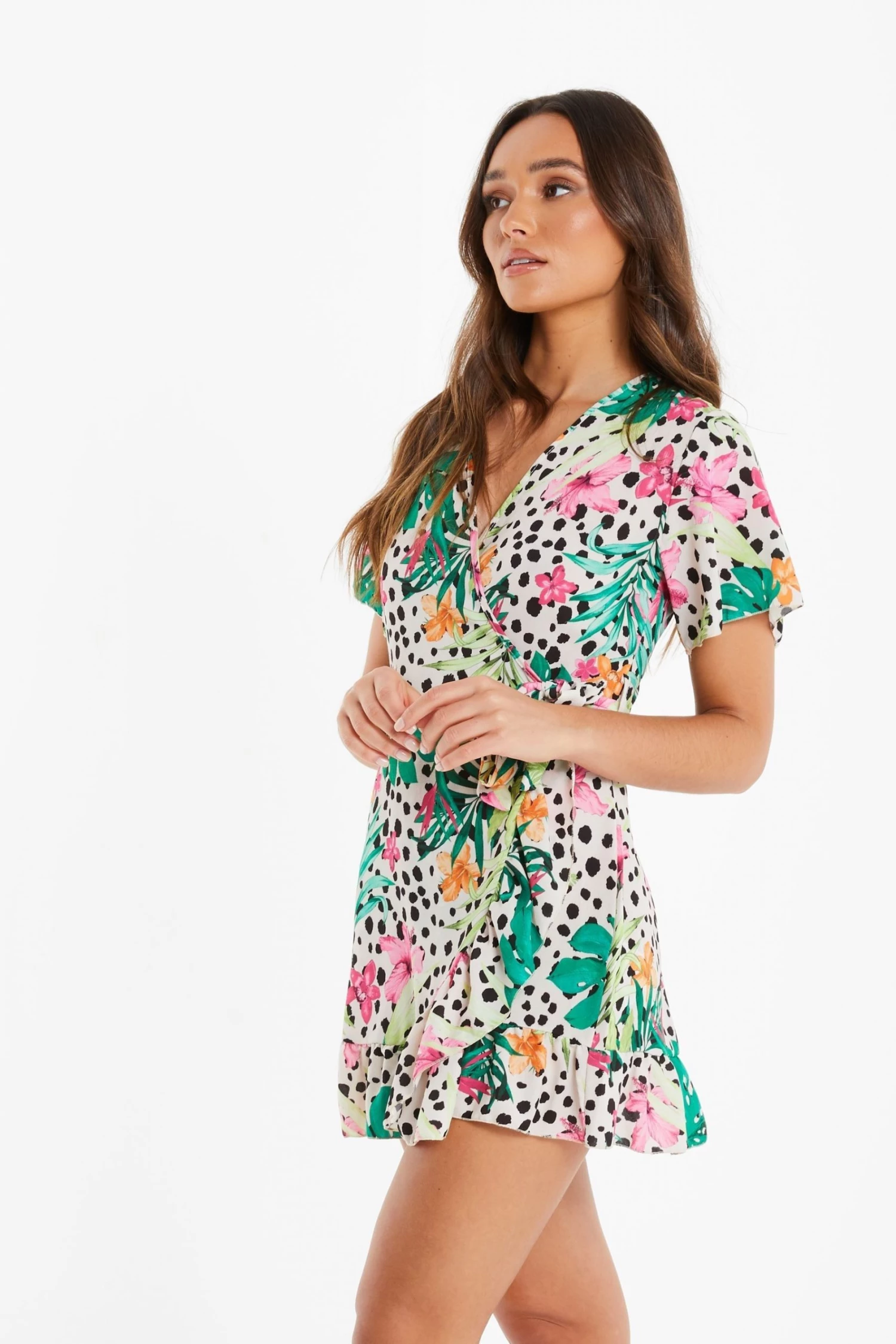 Quiz Cream & Multi Tropical Print Wrap Skater Dress