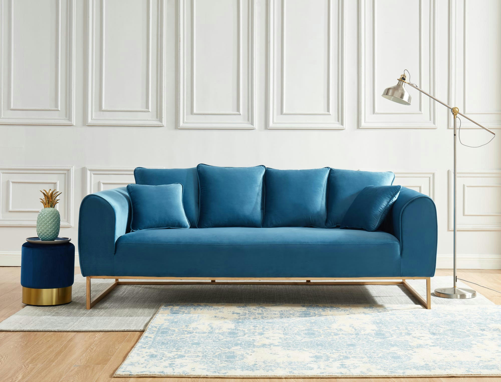 VICTORIA - Canapé droit en velours 3 places bleu paon