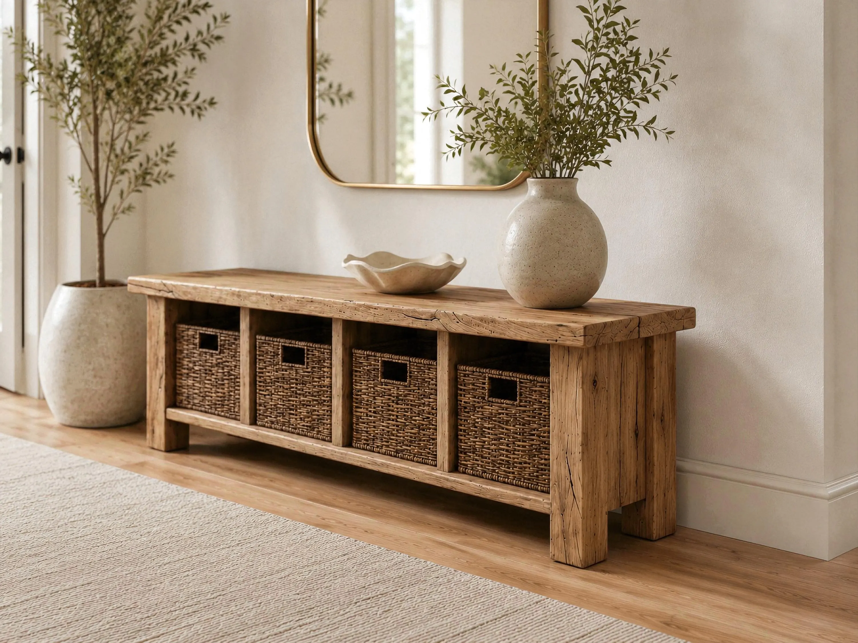 Reclaimed Oak Storage Bench, Wabi Sabi Entryway Seat with Open Compartments