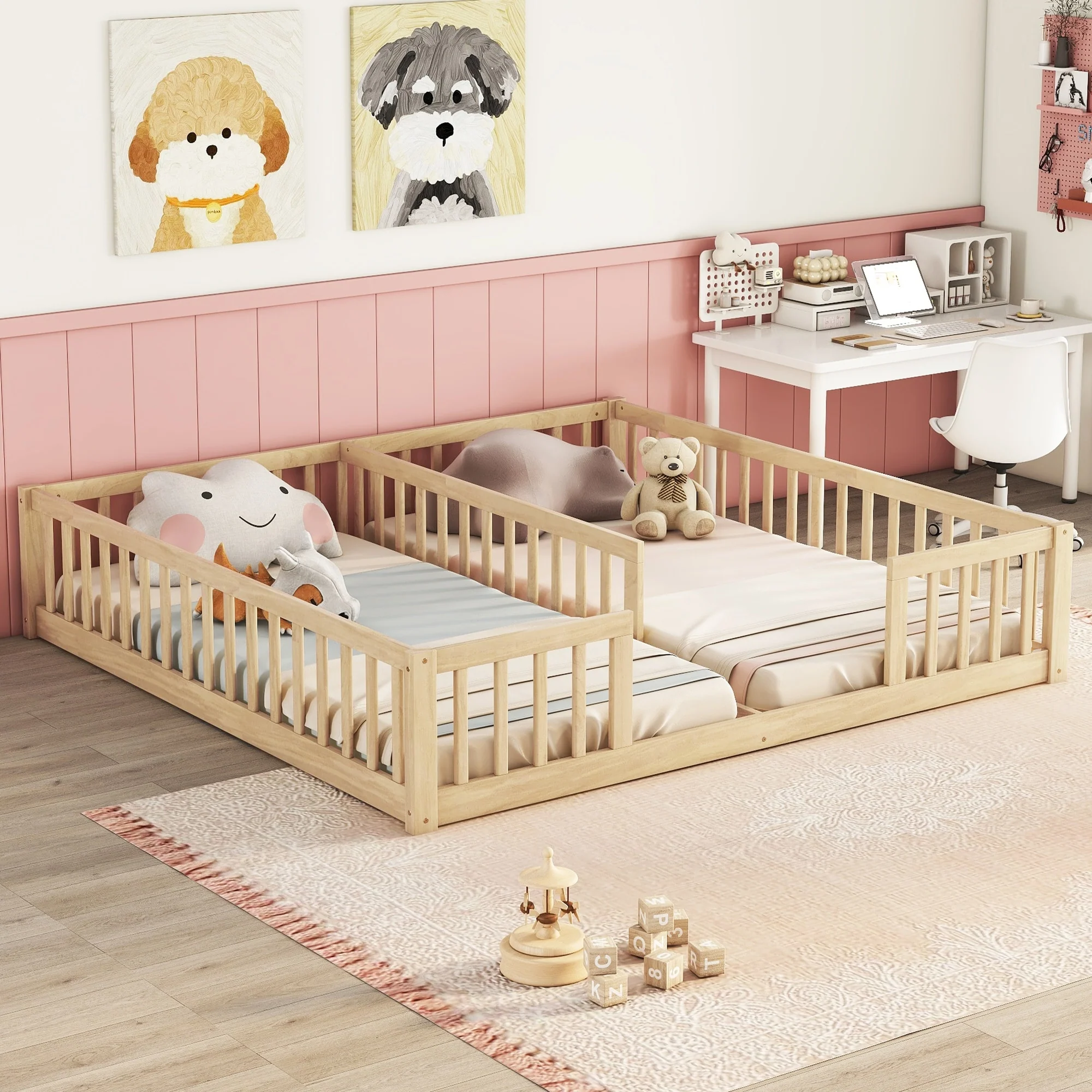 Natural Double Twin Pine Floor Bed with Guardrails