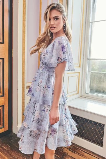 Quiz Blue Chiffon Floral Tier Layer Midi Dress