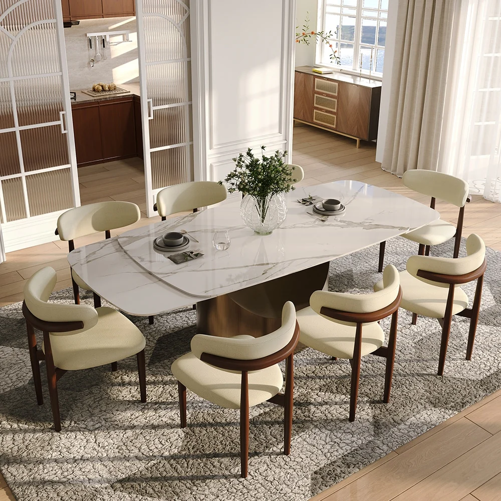 63-95Extendable Modern Dining Table for 6-10, White Glossy Sintered Stone Tabletop, Bronze Carbon Steel Smile Legs