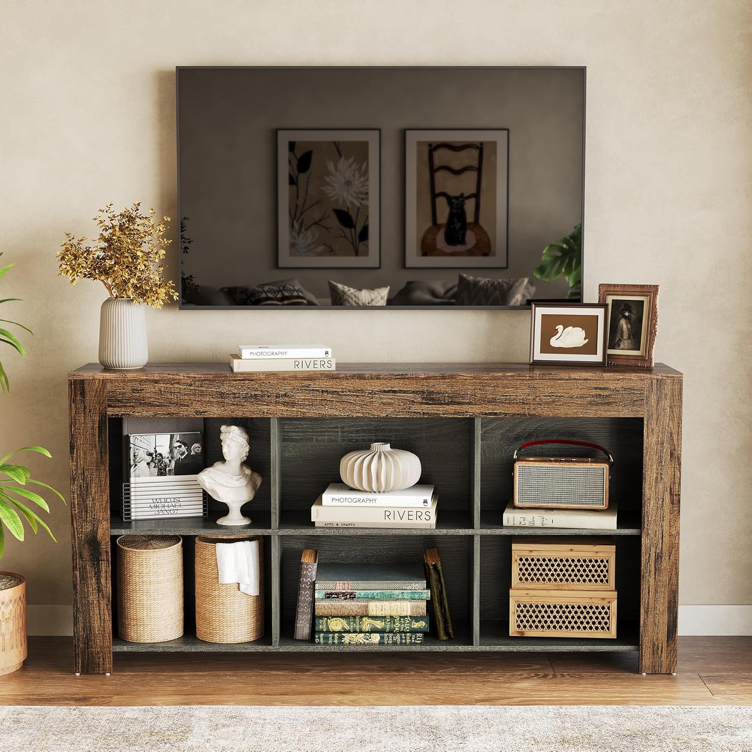 LITTLE TREE TV Stand with Storage, 63-Inch Entertainment Center with Shelves, Modern Media Console for Television up to 65 for Living Room, Bedroom, Brown + Black