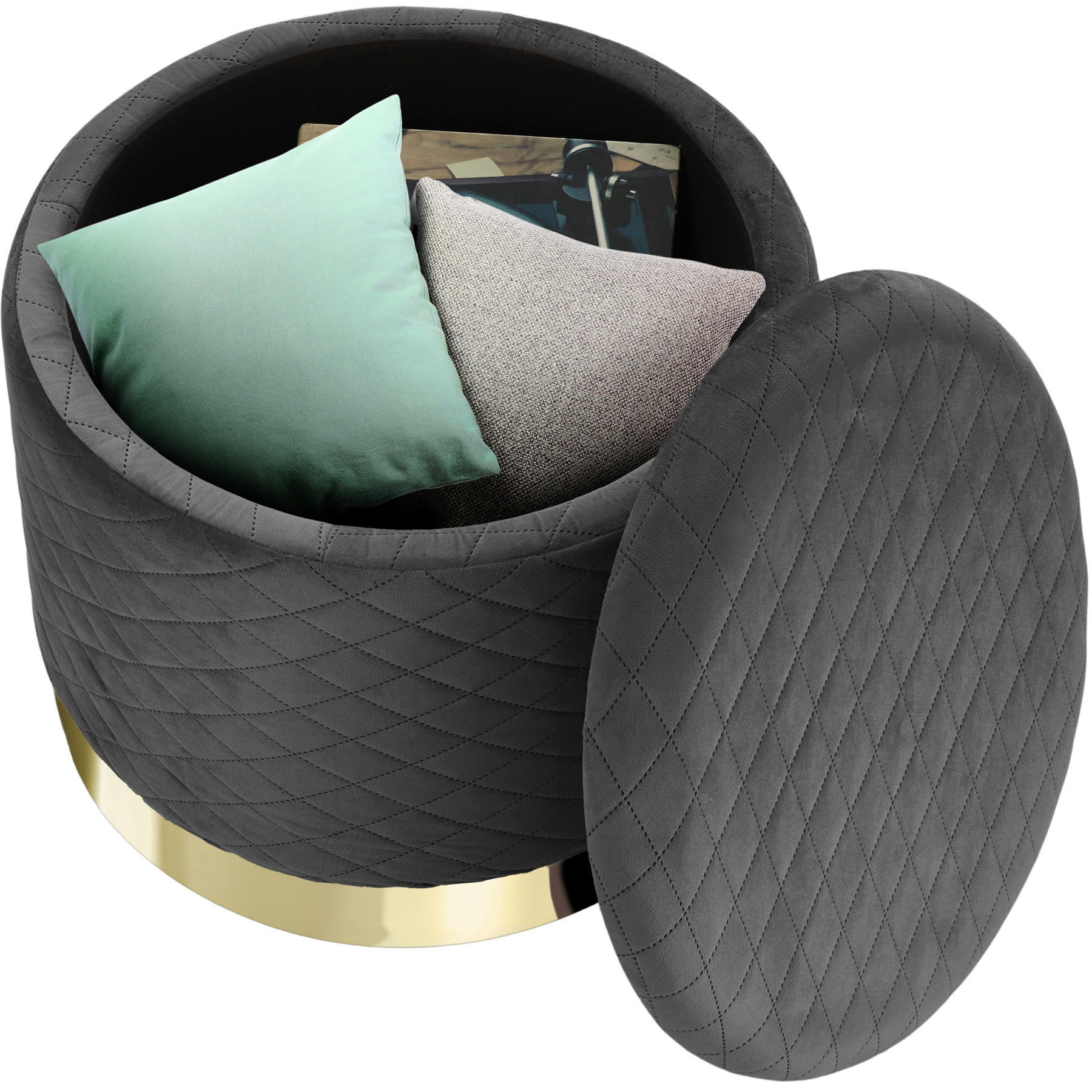 - Banc Tabouret Coffre de rangement Rond gris foncé