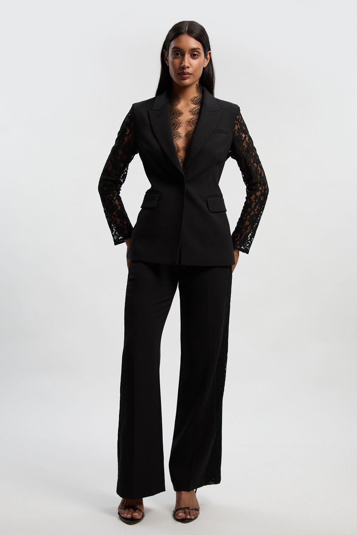 KarenMillen Compact Stretch Lace Mix Tailored Wide Leg Trouser